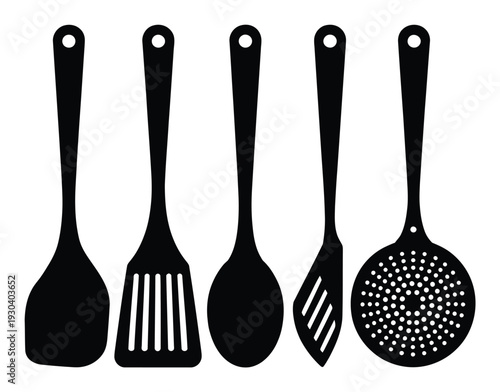 Five Black Silhouettes of Kitchen Utensils on White Background