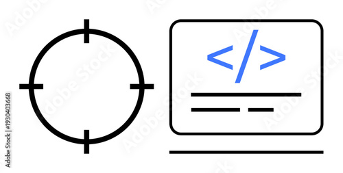 Web development, coding, target, precision, technology, programming. Circular target icon alongside a coding interface. Perfect for web development and coding