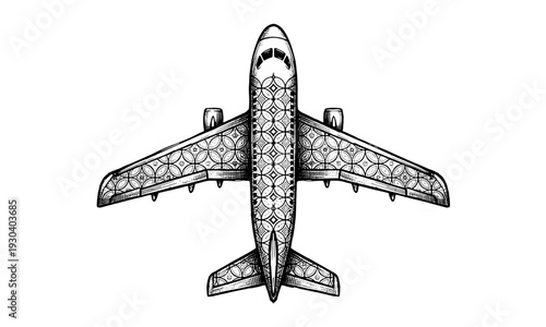 Airplane flying high in the sky, overhead view illustration