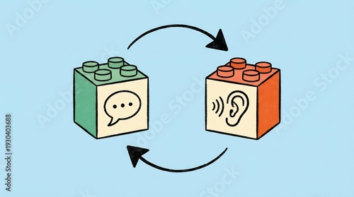 Wallpaper Mural Building block toys illustrate the active process of back and forth dialogue represented by a speaking bubble and an auditory ear symbol. Torontodigital.ca