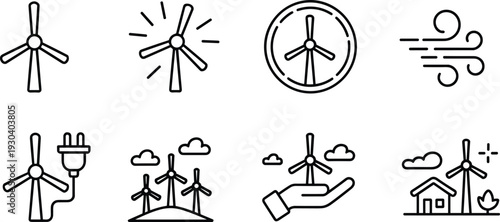 Wind Turbine Outline Icon Set Featuring Renewable Energy Power Generation and Sustainable Electricity Vector Illustration Collection