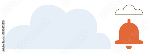 Cloud computing, notifications, alerts, data storage, internet symbols, mobile applications. Blue cloud and orange bell icon with a minimalist style. Cloud computing and notifications concept