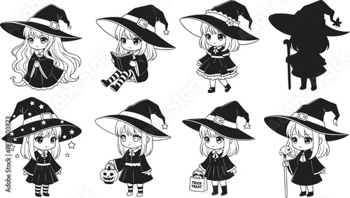 Cute chibi witch girls collection featuring little witches with hats, magic books, pumpkins, trick or treat bags, and star patterns.