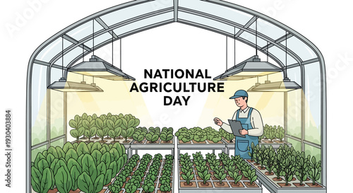 Illustration of a farmer in a greenhouse on National Agriculture Day with various plants and crops, promoting agricultural awareness and sustainable farming practices in a modern,