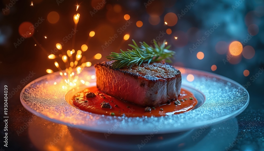 Obraz premium Juicy grilled steak on plate with red sauce. Rosemary garnish on meat. Sparks fly around plate. Festive food presentation for special occasion.
