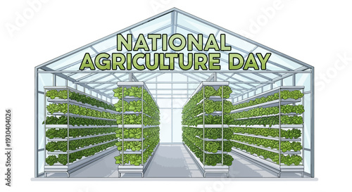 Vector illustration of a modern greenhouse with rows of plants for National Agriculture Day, promoting sustainable agriculture and agricultural innovation.