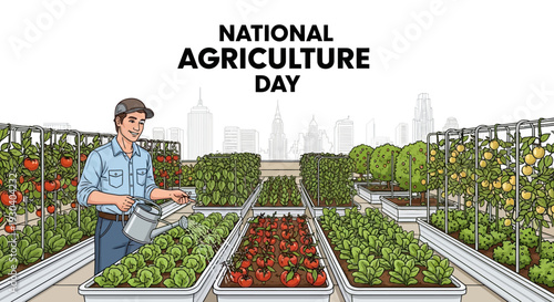 Illustration of a farmer tending plants on National Agriculture Day with a city skyline in the background, highlighting sustainable agriculture and farming industry.