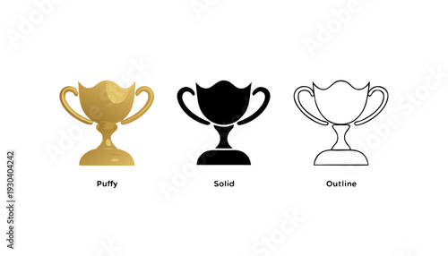 Trophy Cup Icon - Award Success and Achievement Winner 3D Solid and Outline Vector
