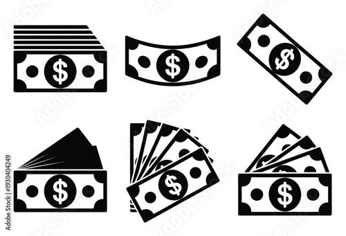 Dollar Bills Icon Set Black White Vector Illustration