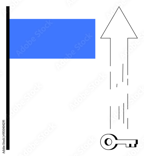 Business growth, success, leadership, goal achievement, strategic planning, aspirations. Blue flag, arrow pointing upward key at the bottom. Leadership and goal achievement