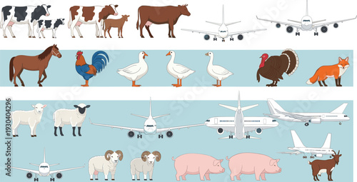 Collection of flat vector illustration of farm animals like cows sheep and pigs mixed with various commercial airplanes and a fox