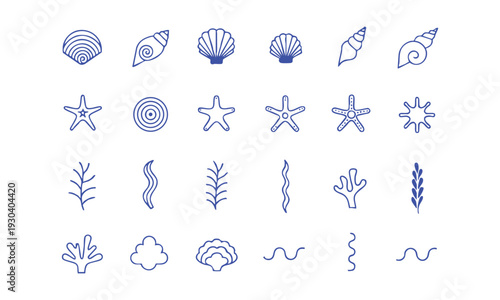 Marine shell line icon set with seaweed starfish and ocean elements vector illustration, easily editable.