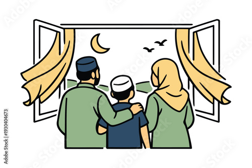 muslim family looking out window at night sky with crescent moon