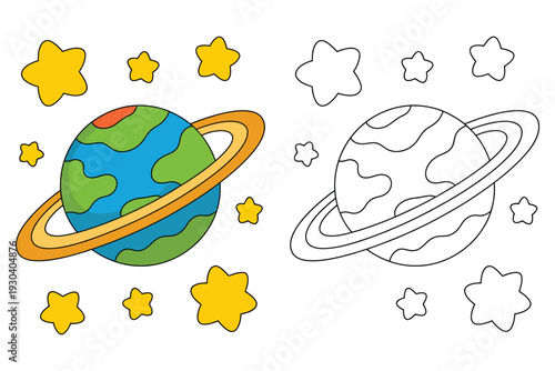 Cartoon planet saturn with yellow stars coloring book page for kids educational activity hand drawn space vector illustration on background