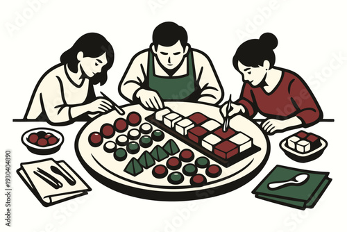 people preparing and eating traditional sweets at a gathering