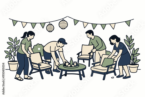 friends setting up outdoor patio furniture for a garden party