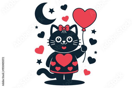 Cute black cat holding red heart balloon, surrounded by red and black hearts and stars, with crescent moon in background vector illustration