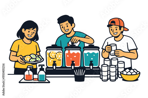 people serving refreshing drinks and fruit at a party or event