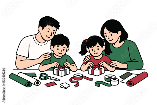 family happily wrapping presents for christmas or holiday gift-giving season.
