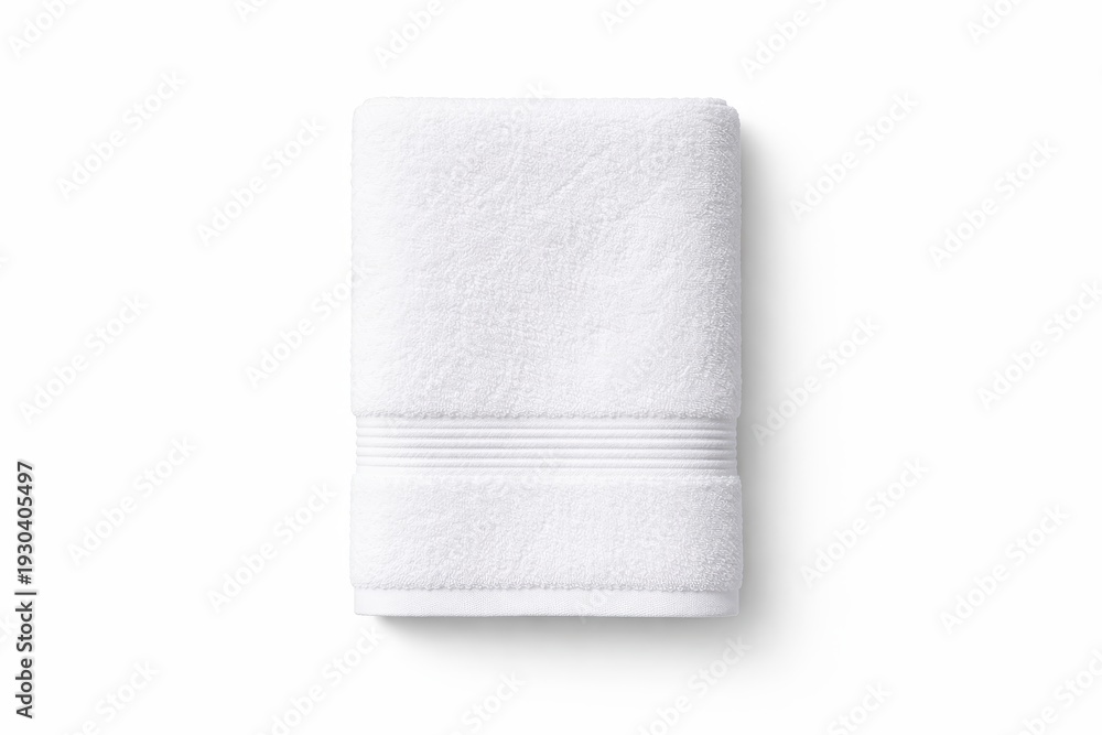 Fototapeta premium High end studio photo bathroom towel folded hotel style top view centered isolated on pure white seamless background with wide copy space