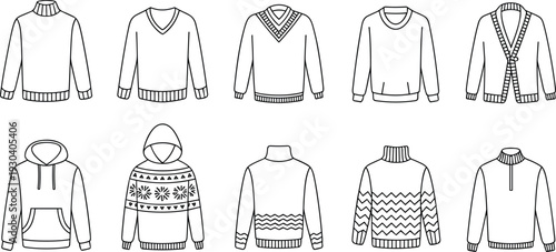 Winter Sweater and Hoodie Outline Collection Featuring Turtleneck Cardigan Pullover and Knitted Pattern Designs Vector Illustration Isolated on Gray Background
