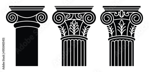 Three Ionic Columns with Decorative Details in Black and White