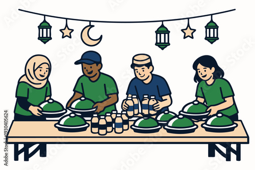 muslim volunteers serving food and drinks during an event or charitable gathering.
