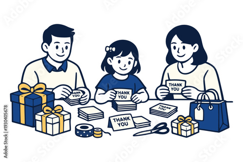 family and child giving 'thank you' notes and gifts,expressing gratitude.
