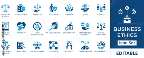 Business ethics ESG compliance and moral governance vector icon set