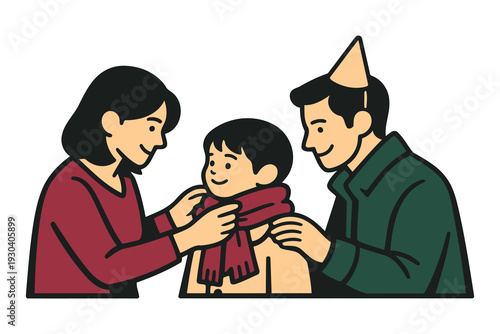 parents warmly dressing child in scarf for winter