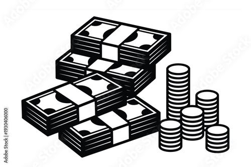 Stacks of Banknotes and Coins Vector Illustration