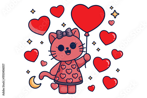 Pink cat character with heart balloon and hearts surrounded by stars and moon, celebrating love vector illustration