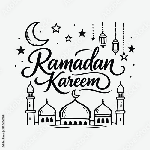 Ramadan Kareem vector banner, text in middle with lantern and Mosque. Ramadan Kareem ads, flyer, invitation, greeting card.