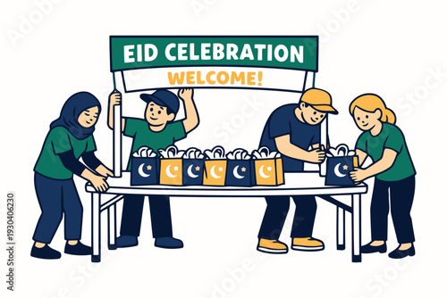 people distributing gifts at eid celebration