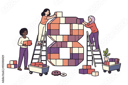 women building number 8 from colorful blocks,teamwork and construction concept