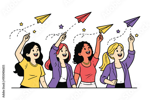 four happy diverse women launching paper airplanes,symbolizing dreams and future aspirations