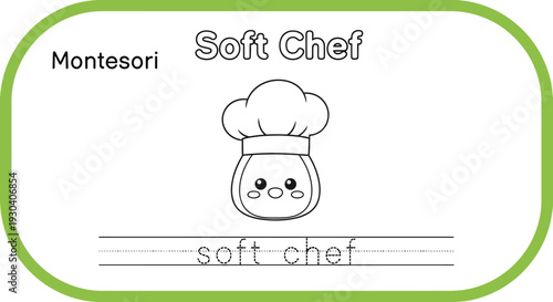 Montessori Soft Chef Coloring Page for Kids: Cute Chef Hat Character with Traceable Text