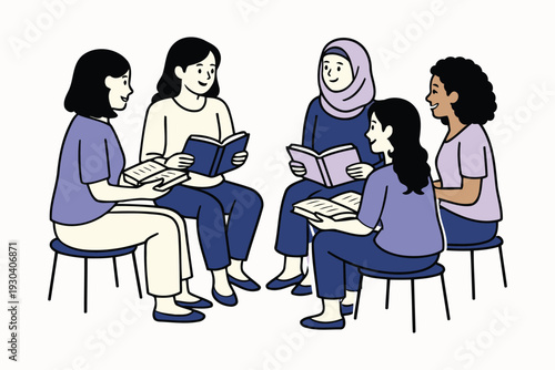 diverse group of women reading books together,community learning and book club concept
