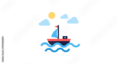 Boat illustration, vector style graphic, travel concept, sea journey, summer vacation, flat design.