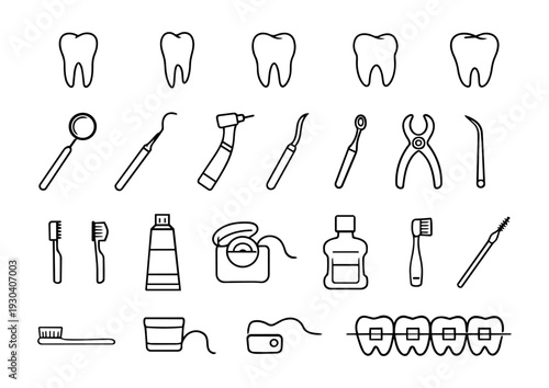 Comprehensive Dental Instruments and Oral Care Icons Set – Dentistry Line Art Collection