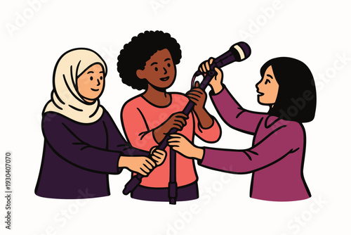 women setting up a microphone and stand,preparing for public speaking