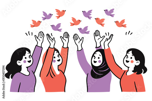 diverse group of women releasing birds,celebrating freedom and unity illustration