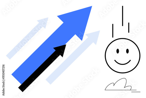 Business growth, success, positivity, motivation, progress, goal achievement. Upward arrows and smiling face. Business growth and success highlighted with visual positivity