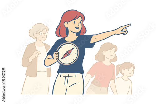 woman with compass leading diverse group,guiding direction and future path