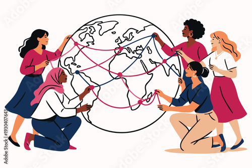 women connecting globally building network on world map