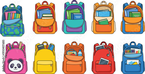 Set of colorful school backpacks with school supplies and stationery items isolated on white background, school bags flat vector illustration.