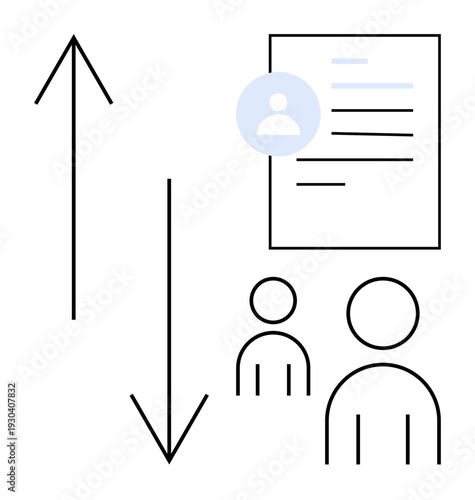 Recruitment, HR management, hiring process, applicant tracking, job application, workforce review. Resume icon with arrows and people symbols. Recruitment and HR management concept