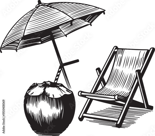 Relaxing beach scene with a coconut, umbrella, and deck chair