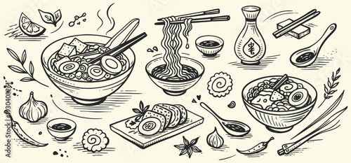 Hand drawn Asian food illustration set with ramen bowl, sushi rolls, chopsticks, soy sauce, and traditional ingredients. Vintage sketch style design for restaurant menus, packaging, and Asian cuisine 