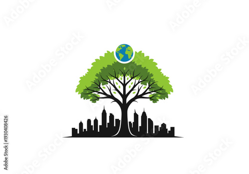 Green Tree Growing Above City Skyline Representing Urban Sustainability